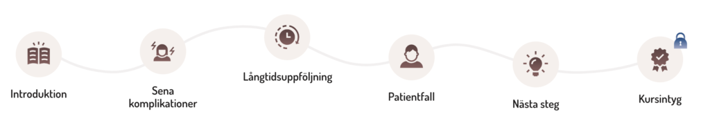 Webbutbildningen är uppdelat i sex delar: introduktion, sena komplikationer, långtidsuppföljning, patientfall, nästa steg och kursintyg.